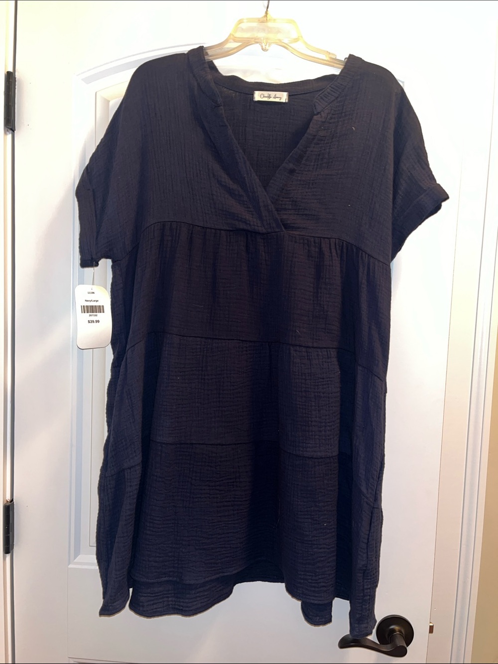 Relaxed Navy Blue  Tiered V‑Neck Gauze Dress by Charlotte Avery